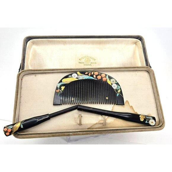 Japanese Floral Lacquer Hair Comb & Stick Set In Box Matsuzakaya Vintage JE311 - Picture 1 of 14